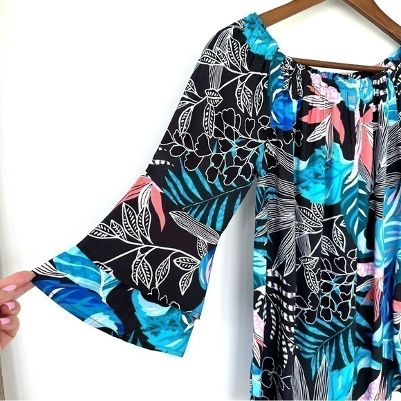 Venus top, raglan with 3/4 length bell sleeves, elasticized neckline, tropical - Picture 3 of 12